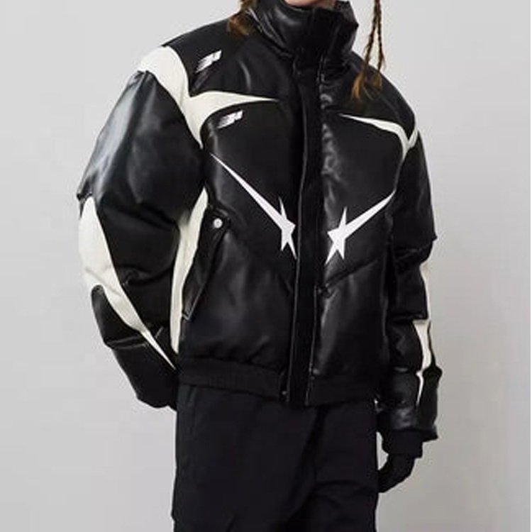 Winter oversized zippered padded star leather jacket with black