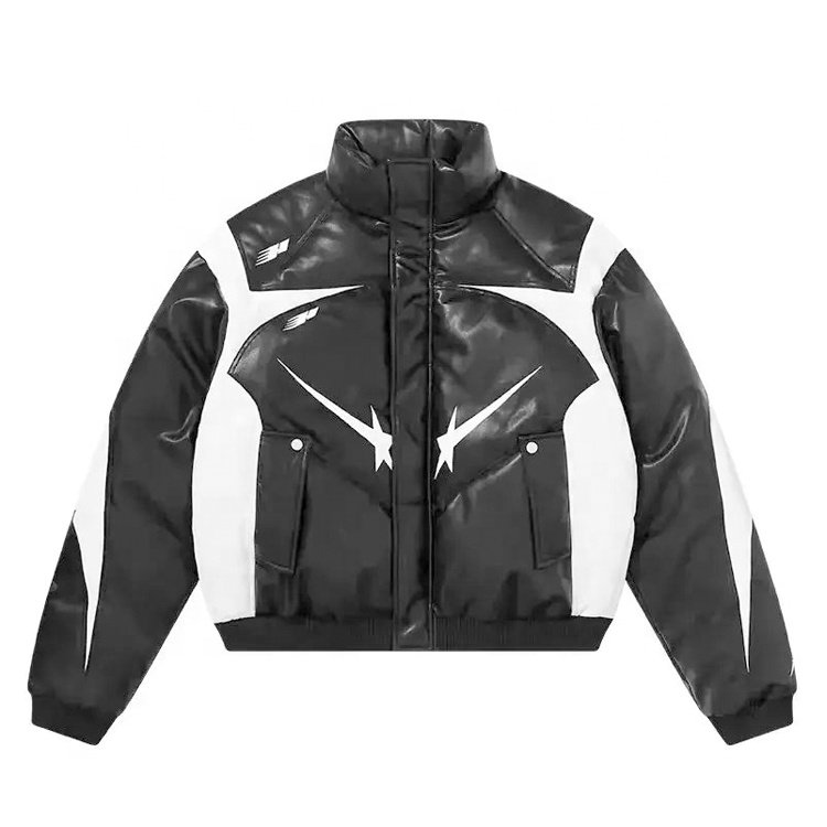 Winter oversized zippered padded star leather jacket with black