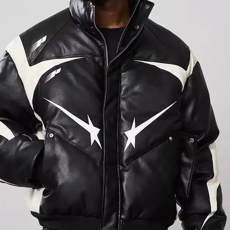 Winter oversized zippered padded star leather jacket with black