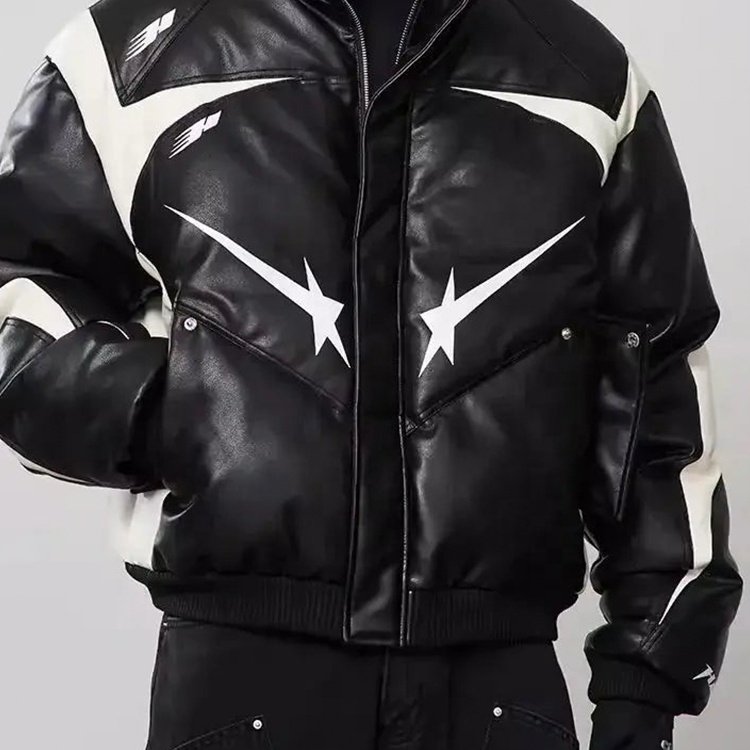 Winter oversized zippered padded star leather jacket with black