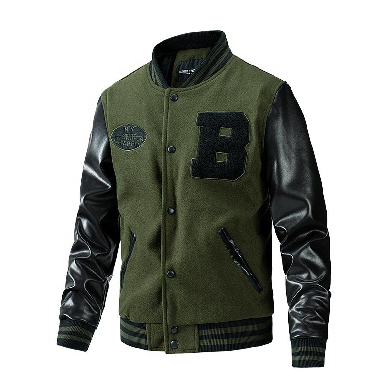 leather jacket men baseball uniform classic trendy design leather sleeve letter embroidered logo jacket for Autumn winter