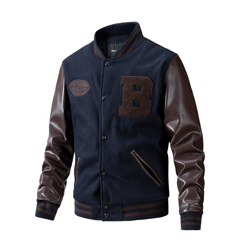 leather jacket men baseball uniform classic trendy design leather sleeve letter embroidered logo jacket for Autumn winter