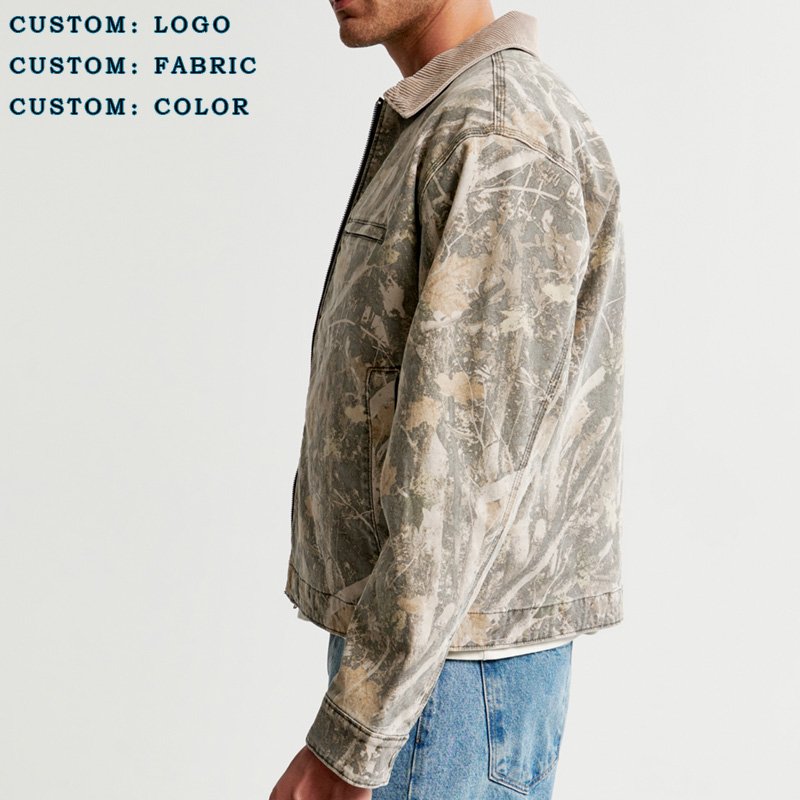 Custom Men's Oversized Camouflage Zip-up Bomber Jacket Vintage Streetwear Jeans Jacket