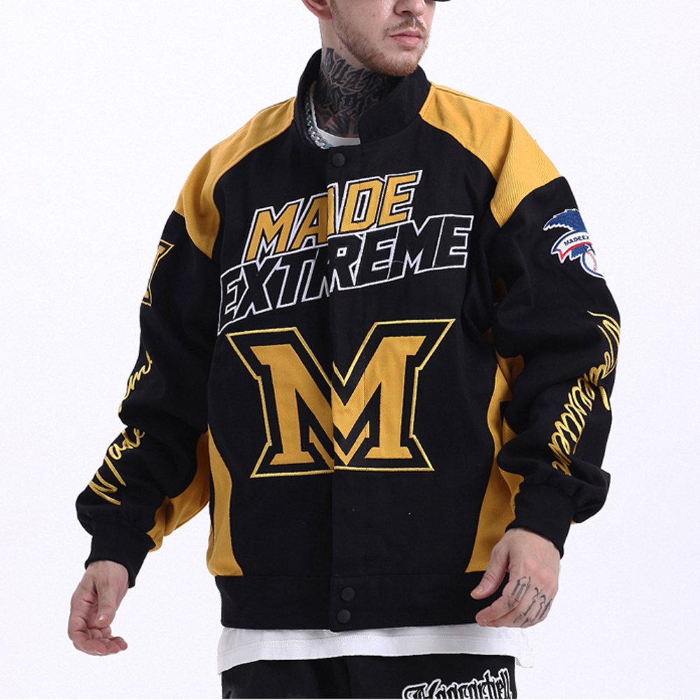 OEM custom winter letter men cotton varsity jacket vintage university flat embroidery patches logo denim jackets for men