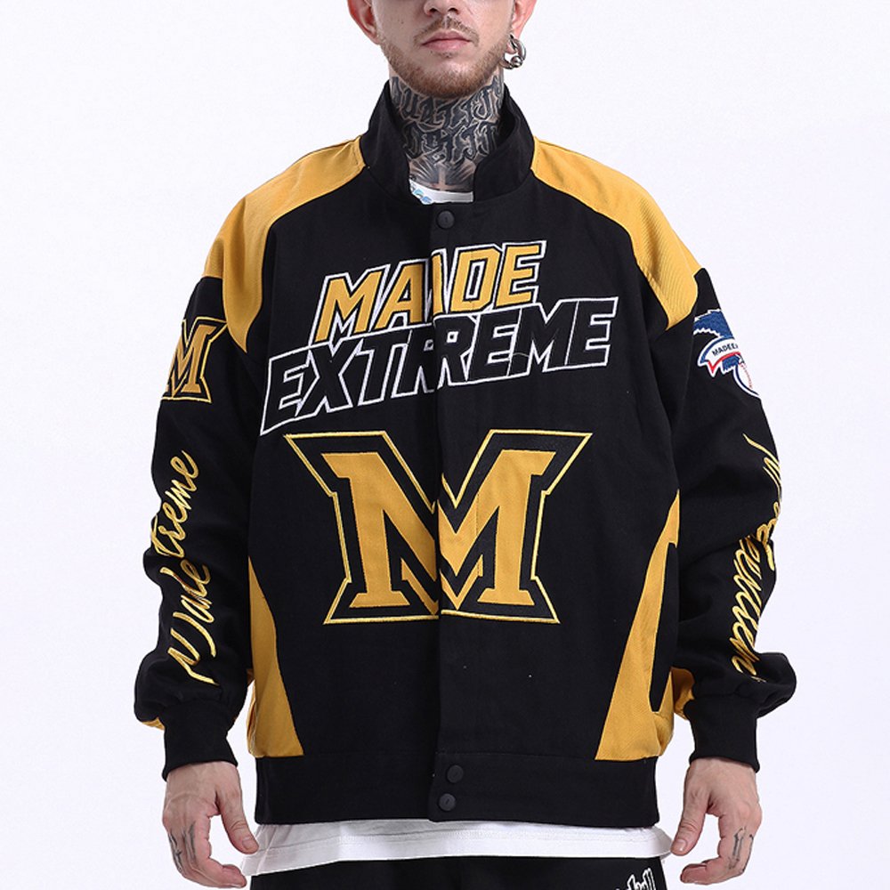 OEM custom winter letter men cotton varsity jacket vintage university flat embroidery patches logo denim jackets for men