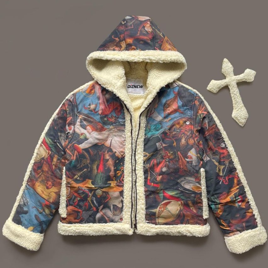 DiZNEW High Quality Custom Men's Jackets Winter Print Hooded Coat Extra Warm Jacket Lined With Lamb Wool Detachable Cross