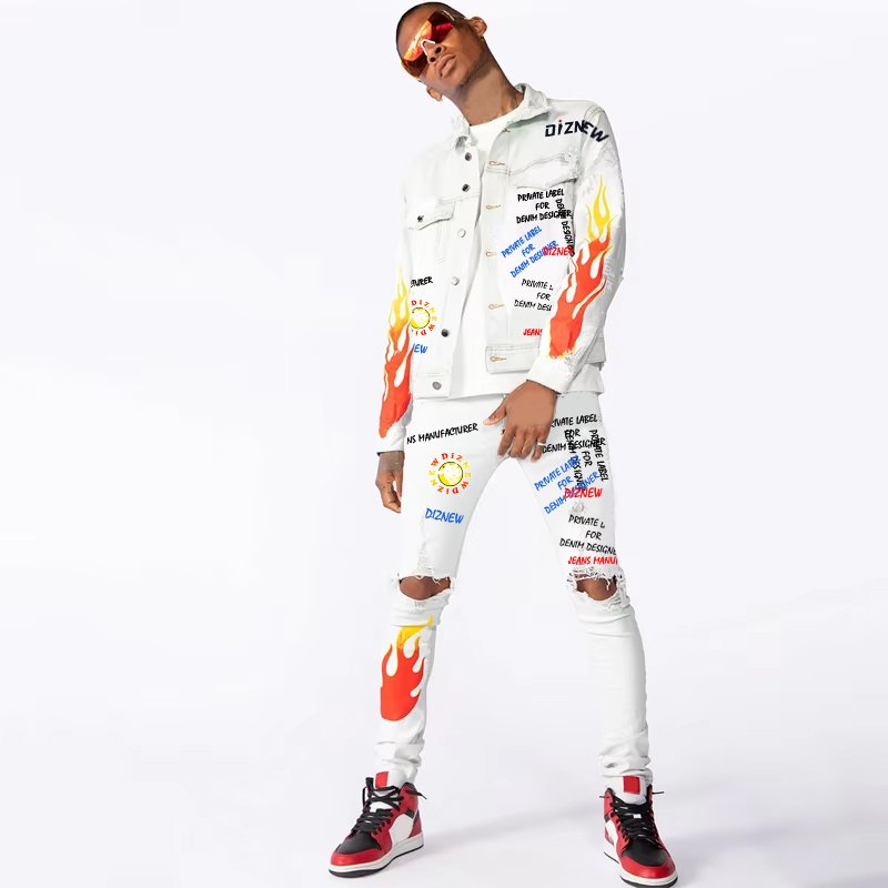 DiZNEW graffiti print Denim jacket 100% Cotton Plus Size Men's Jacket