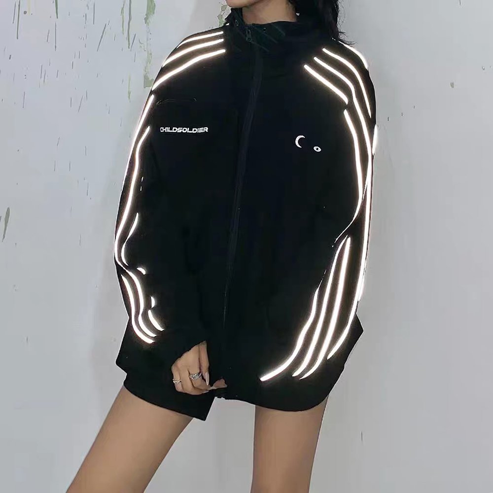 Custom logo polyester tracksuit jacket reflective screen print men's jacket unisex streetwear oversize zip up tracksuit for men