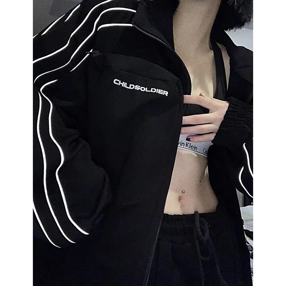 Custom logo polyester tracksuit jacket reflective screen print men's jacket unisex streetwear oversize zip up tracksuit for men