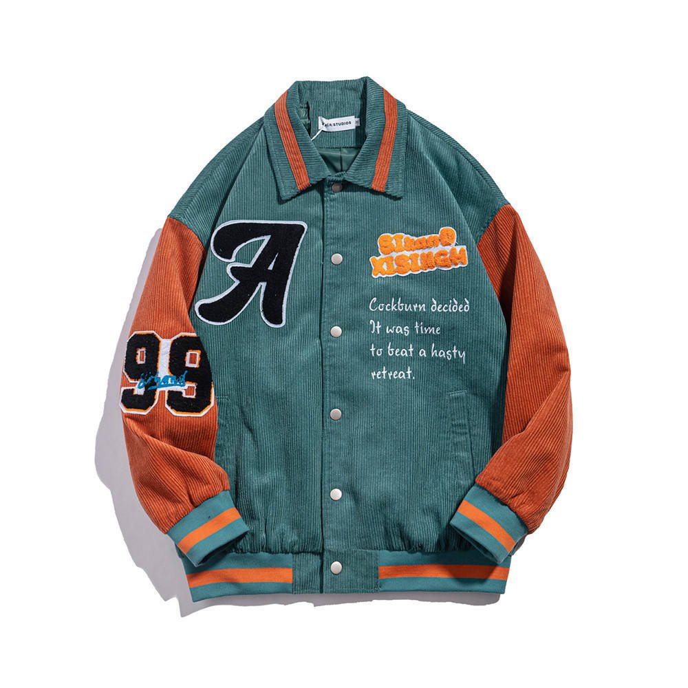 Wholesale Popular letters embroidered corduroy Jacket Men's High Street Style collision color Stitching Loose Lapel Jacket