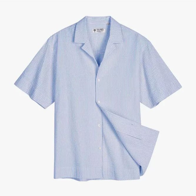 Customized Seersucker striped short sleeved shirt for men Summer blue Cuban collar half sleeved shirt jacket