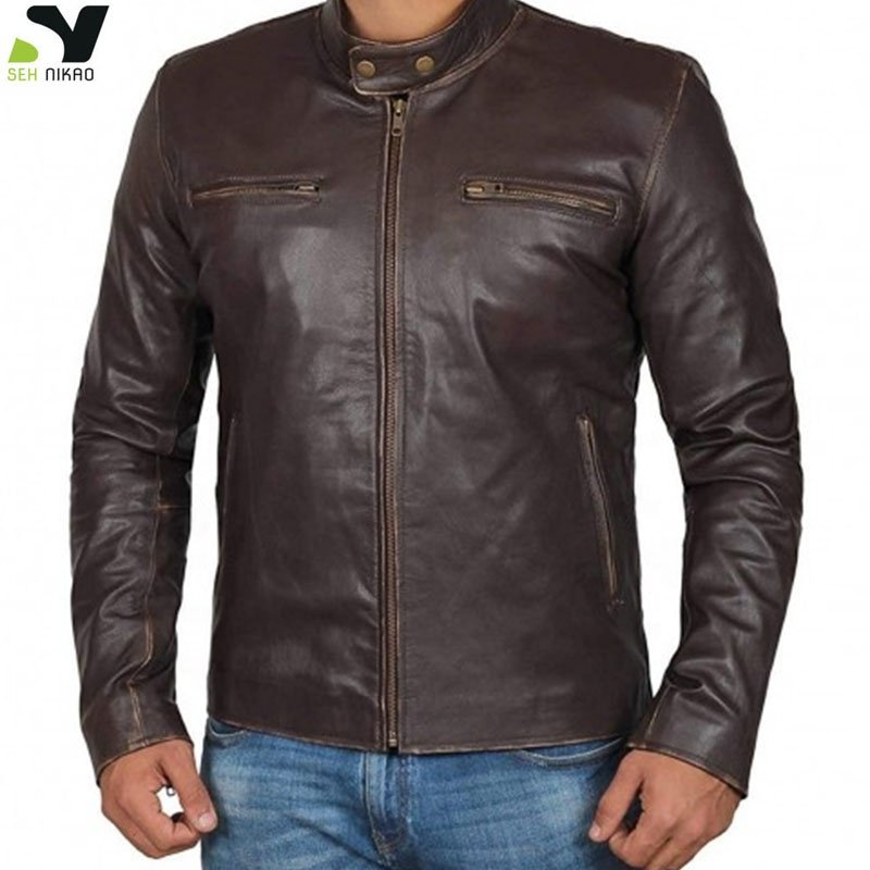 Custom manufacture Fashion motorbike Men Black Solid Leather cycle Ja Vintage genuine sheepskin leather cafe jackets for men