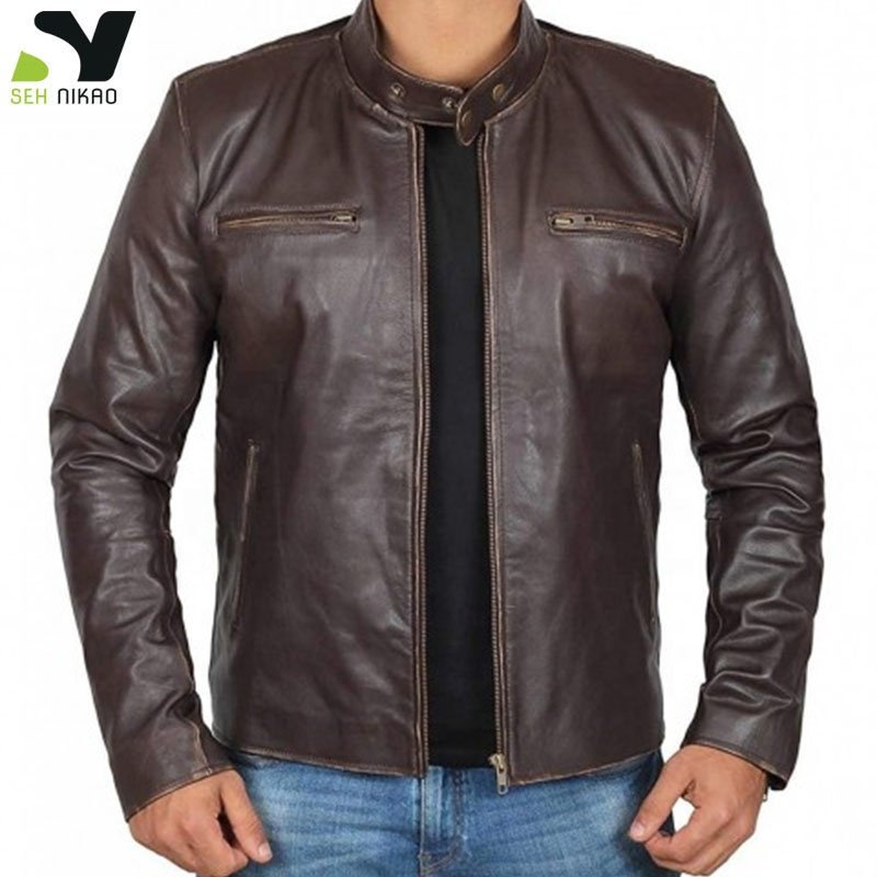 Custom manufacture Fashion motorbike Men Black Solid Leather cycle Ja Vintage genuine sheepskin leather cafe jackets for men