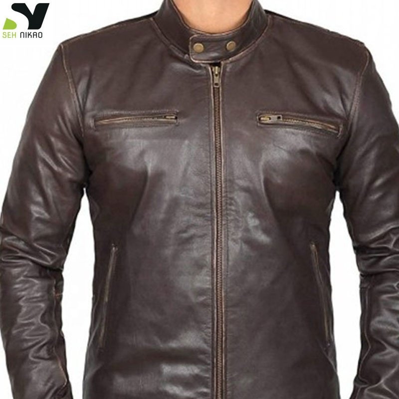Custom manufacture Fashion motorbike Men Black Solid Leather cycle Ja Vintage genuine sheepskin leather cafe jackets for men