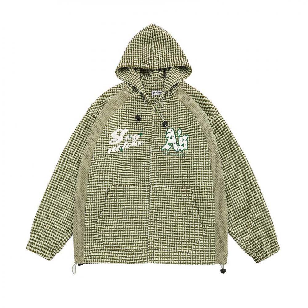 Heavy weight drawstring outdoor jackets chenille embroidery zip up jacket windbreaker plus size men's jackets