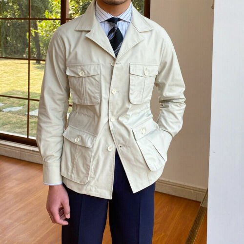 Vintage Men's Jacket Four Pockets Coats Slim Fit Khaki Beige Plus size vintage jacket