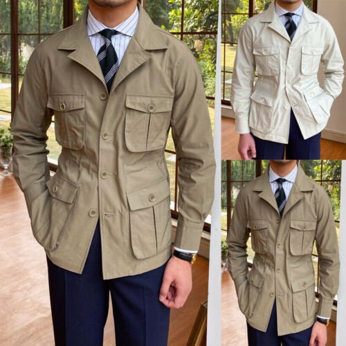 Vintage Men's Jacket Four Pockets Coats Slim Fit Khaki Beige Plus size vintage jacket
