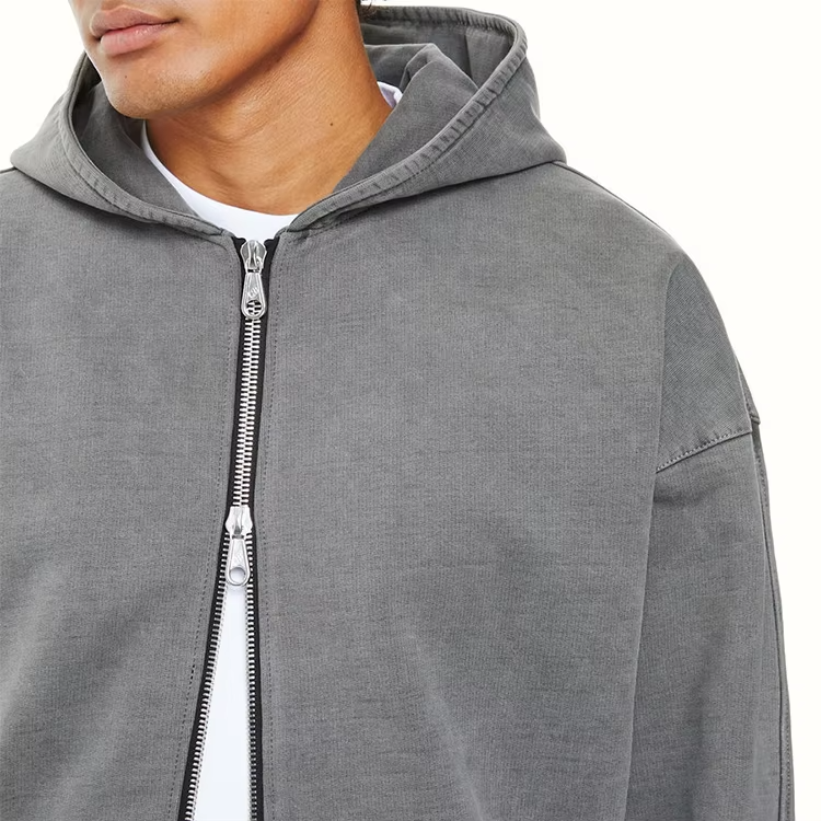 Custom Mens 100% cotton Puffer Jacket shoulder Hoodies double zip up Hooded Sweatshirt oversize Zipper Heavyweight men's hoodie