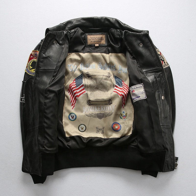 Customized black multi-standard pattern flight suit men's lapel American casual short leather cowhide jacket