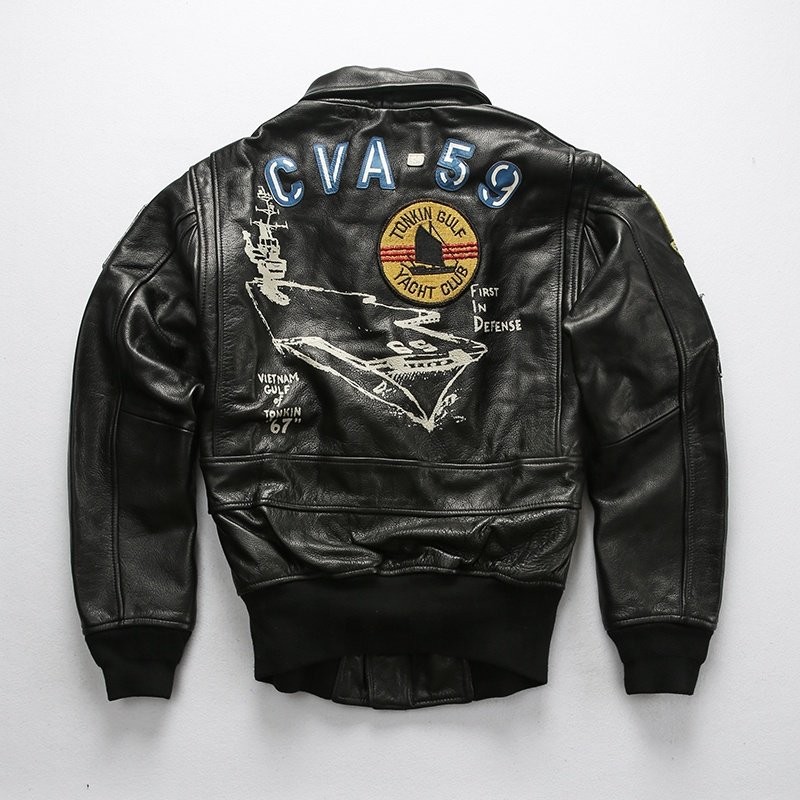 Customized black multi-standard pattern flight suit men's lapel American casual short leather cowhide jacket