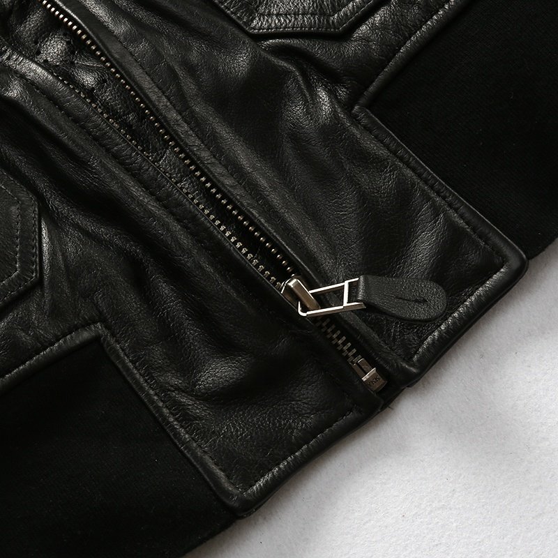 Customized black multi-standard pattern flight suit men's lapel American casual short leather cowhide jacket