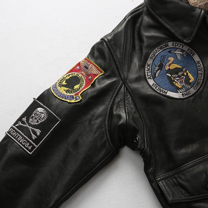 Customized black multi-standard pattern flight suit men's lapel American casual short leather cowhide jacket