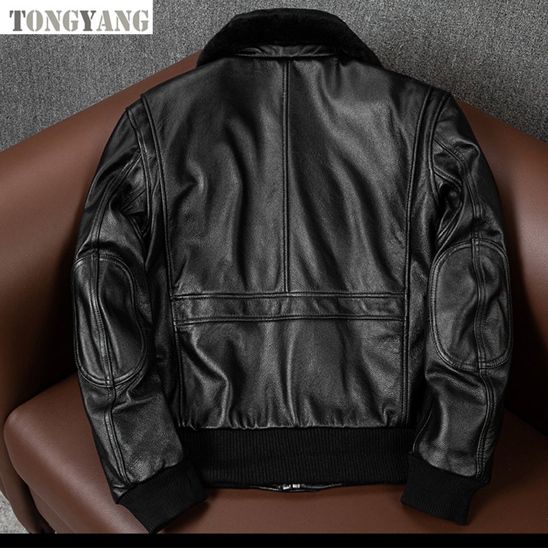TONGYANG Plus Size Bomber Men Genuine Leather Jacket Natural Fur Collar Classic Casual G1 Real Cowhide Mens Coat Winter Warm