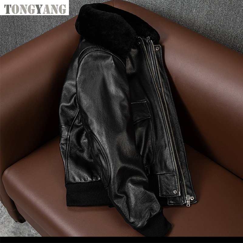 TONGYANG Plus Size Bomber Men Genuine Leather Jacket Natural Fur Collar Classic Casual G1 Real Cowhide Mens Coat Winter Warm