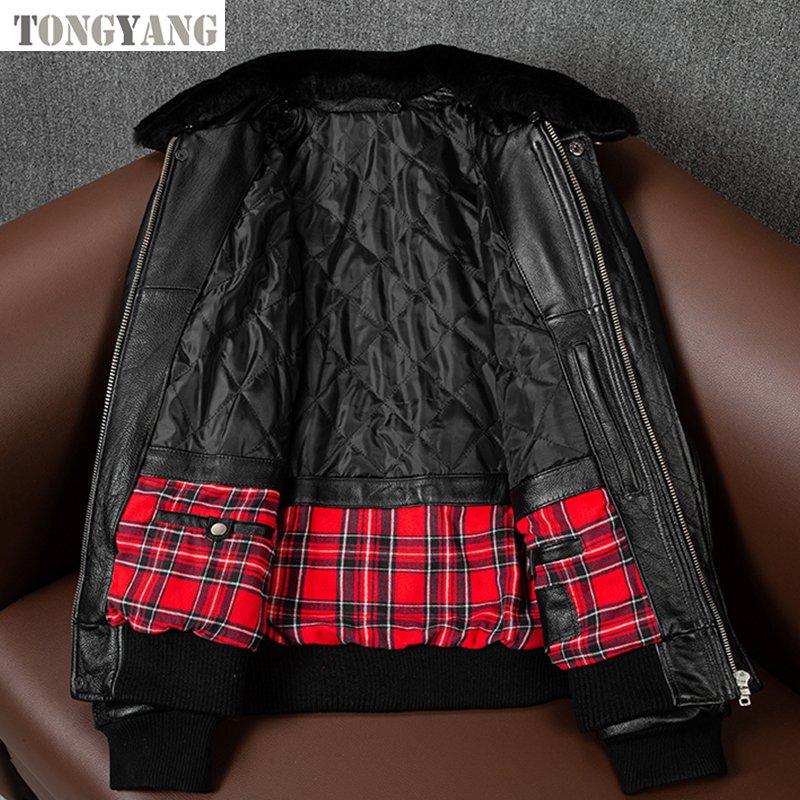 TONGYANG Plus Size Bomber Men Genuine Leather Jacket Natural Fur Collar Classic Casual G1 Real Cowhide Mens Coat Winter Warm