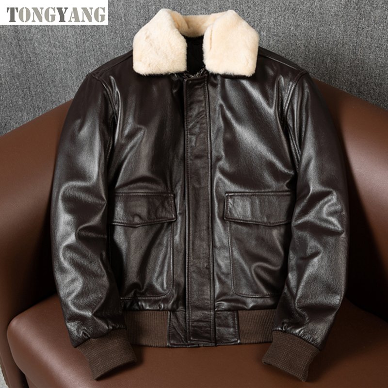 TONGYANG Plus Size Bomber Men Genuine Leather Jacket Natural Fur Collar Classic Casual G1 Real Cowhide Mens Coat Winter Warm
