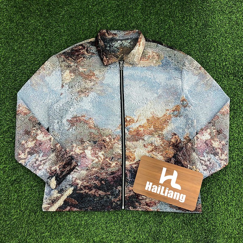 Custom jacquard weave Tapestry Clothing Zip Up Jackets Plus Size Men's Coats Streetwear Tapestry Jacket