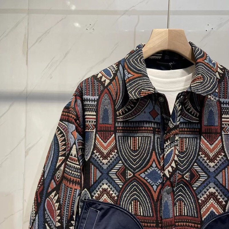Local Western Retro Style Aztec Vintage Print Spring Fall Button-Warm Men's Loose Patchwork Jacket