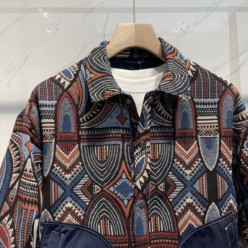 Local Western Retro Style Aztec Vintage Print Spring Fall Button-Warm Men's Loose Patchwork Jacket