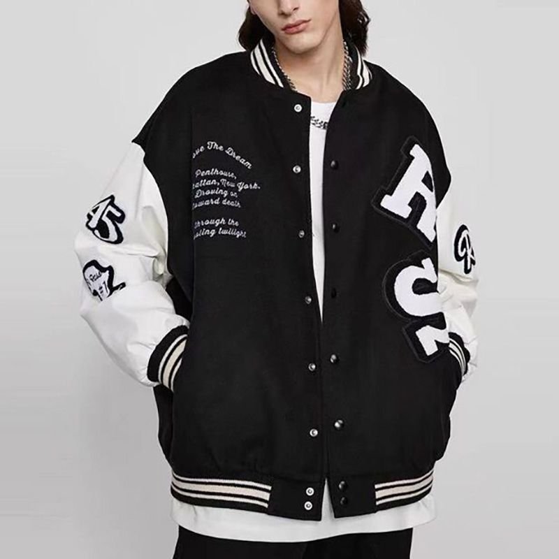 Outdoor Woolen Panel Leather Sleeve Baseball Uniform Embroidery Stitching Lapel Plus Size Varsity Custom Men's Jackets