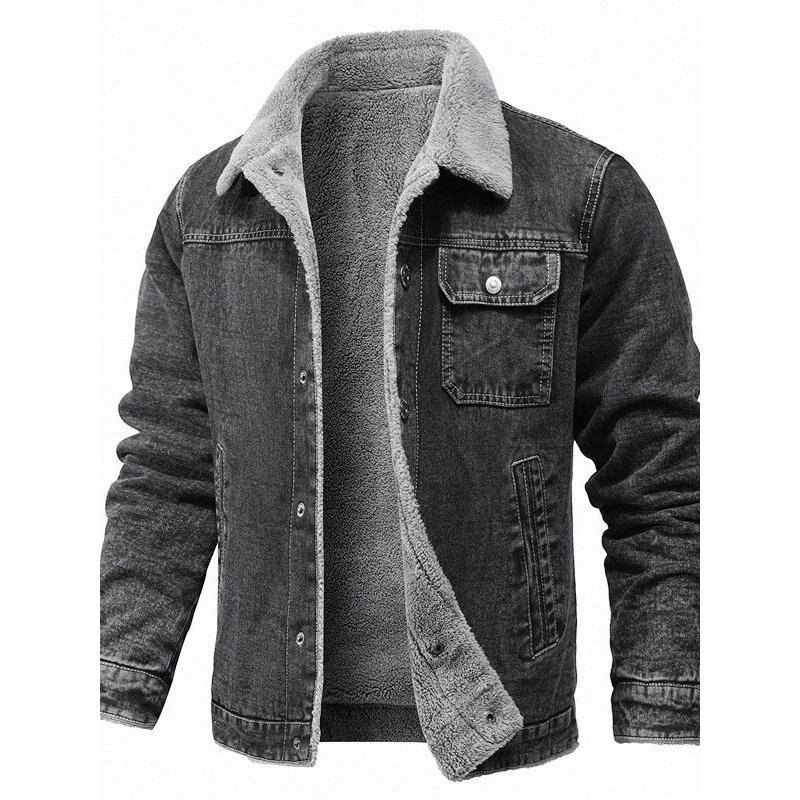 Men's Solid Color Fur Lined Black Denim Jacket Winter Thicker Jean Jacket with Fur Street Style Cowboy Winter Jean Jacket