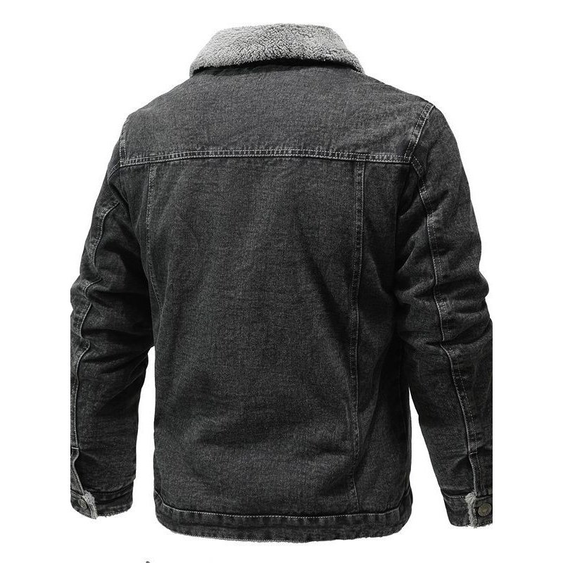 Men's Solid Color Fur Lined Black Denim Jacket Winter Thicker Jean Jacket with Fur Street Style Cowboy Winter Jean Jacket