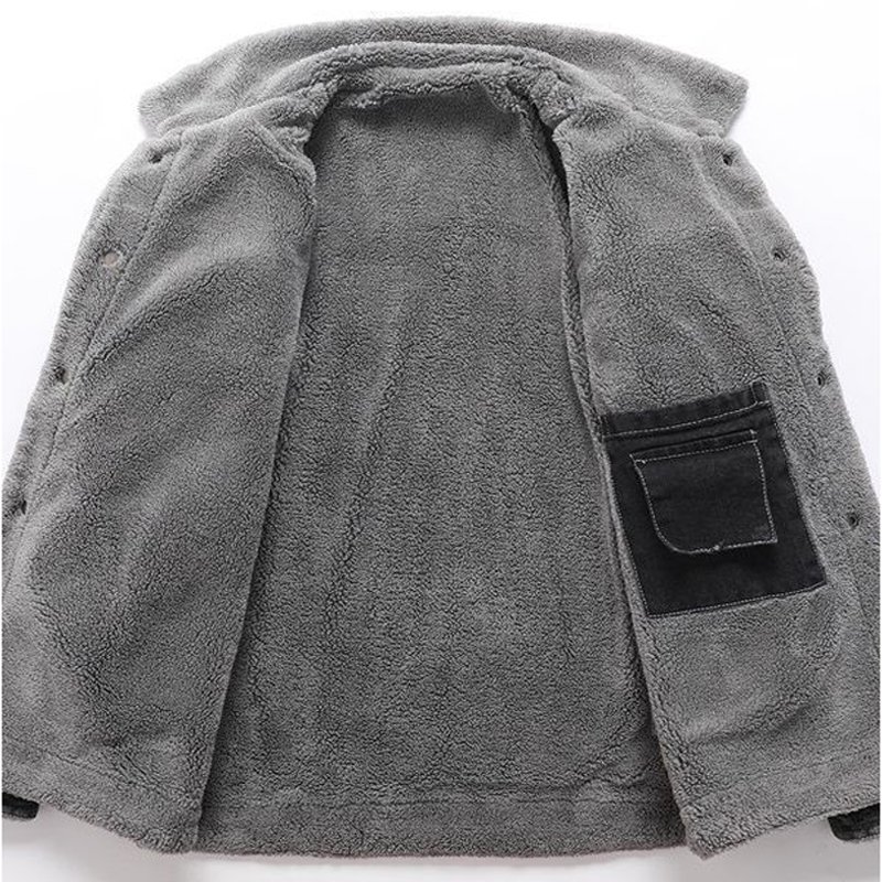 Men's Solid Color Fur Lined Black Denim Jacket Winter Thicker Jean Jacket with Fur Street Style Cowboy Winter Jean Jacket
