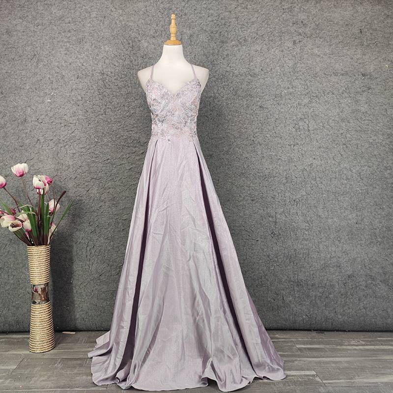 Gentle taro mud color suspender evening dress women are thin and long