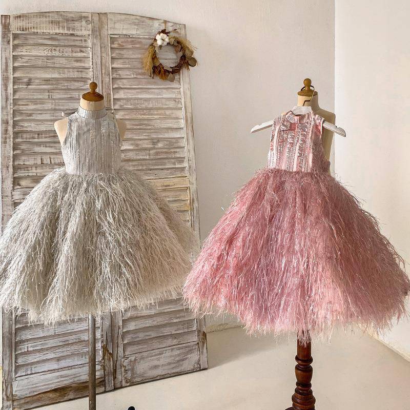 New Tister Feather Feather European and American Children's Dress Princess Skirt Putch Skirt Children's Performance Services Birthday Dress