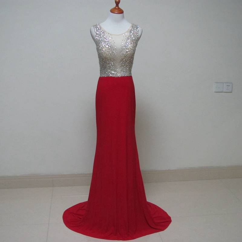 Red vest handmade beaded beaded elastic spandex ammonia sexy perspective drooling night dress long skirt performance hosted catwalk