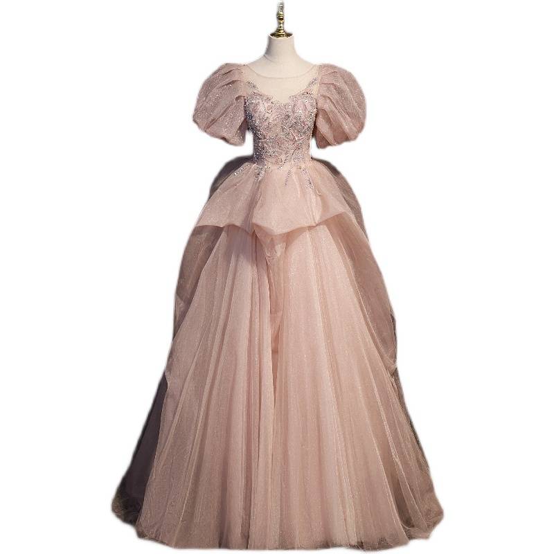 Fashionable short -sleeved falling long skirt bubble sleeves