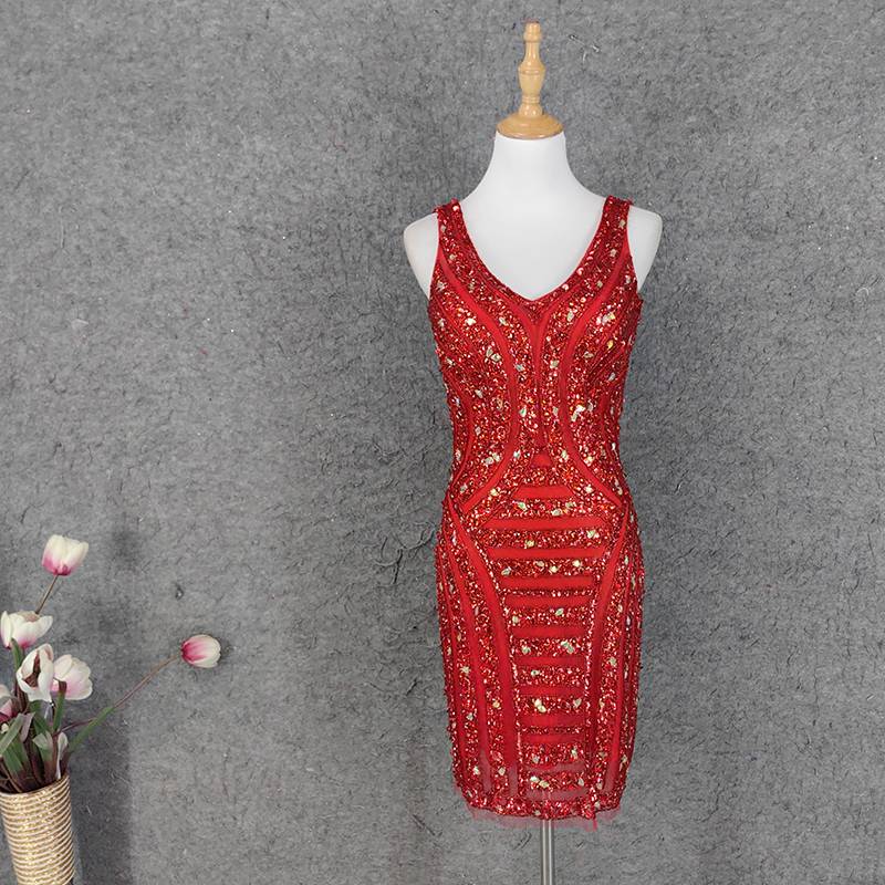 Heavy workers beaded short bag hip red dress women are thin and thin