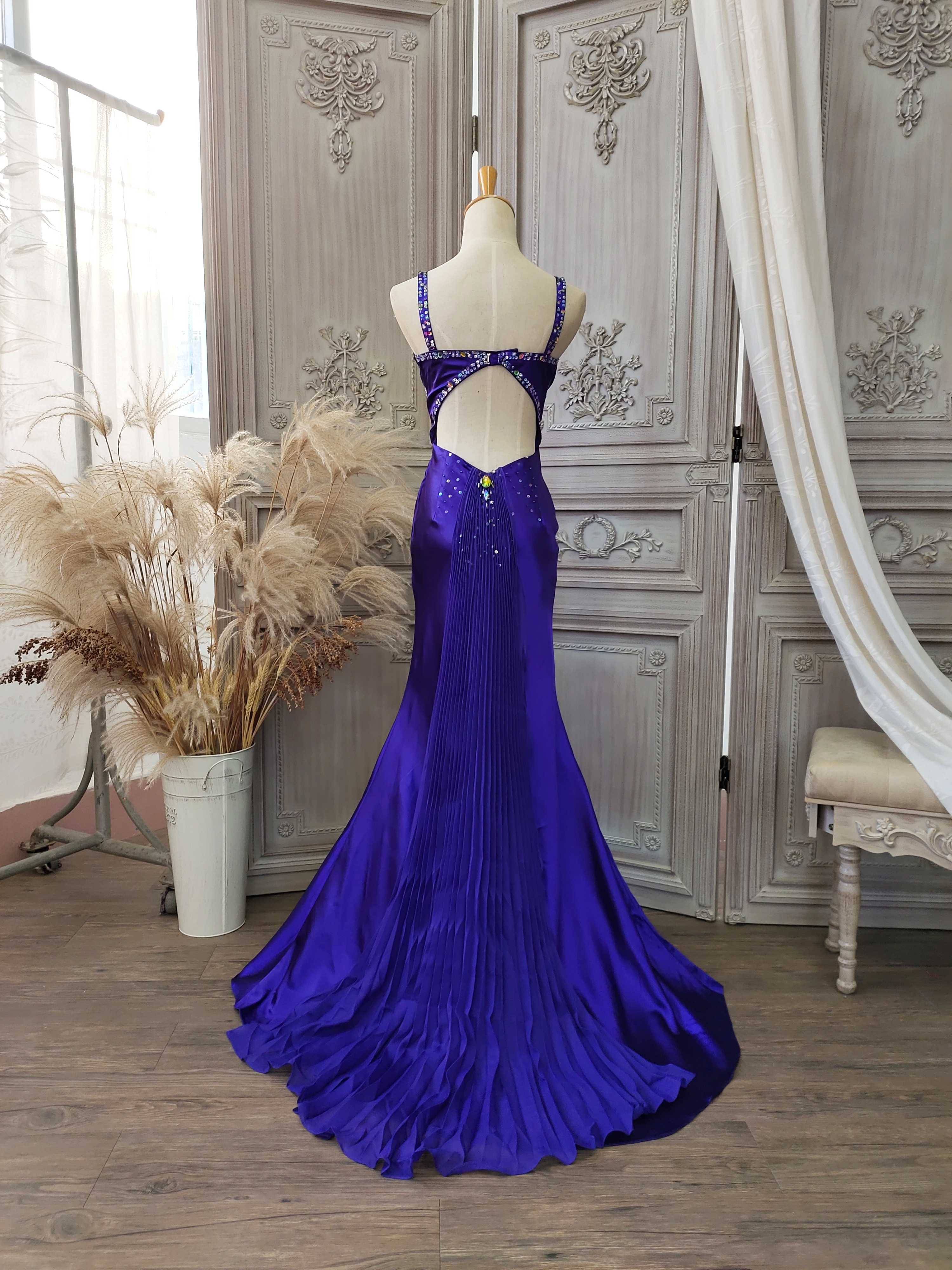 H037 Single purple trailer long back long performance handmade beaded butterfly evening dress skirt slim fishtail skirt