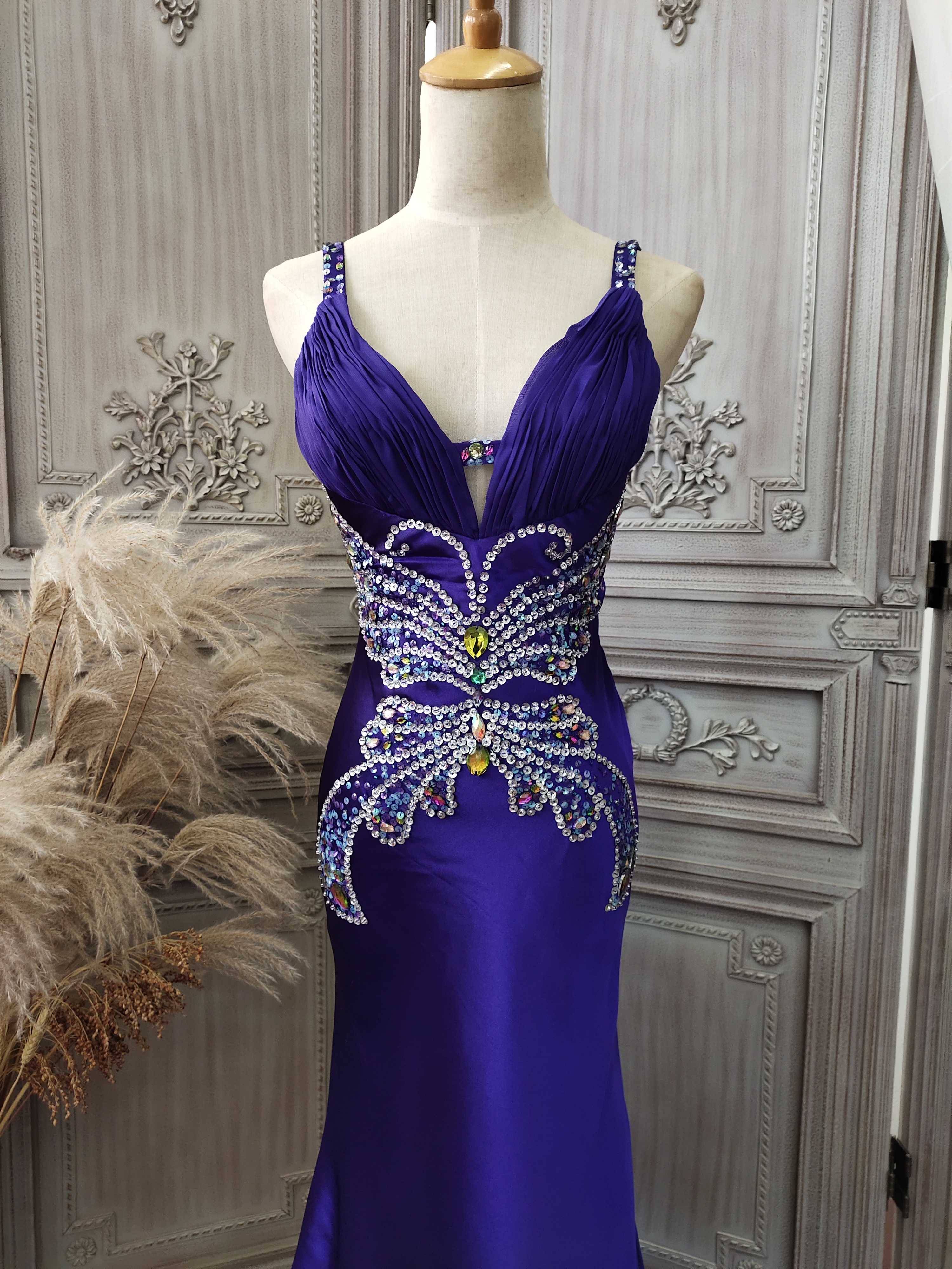 H037 Single purple trailer long back long performance handmade beaded butterfly evening dress skirt slim fishtail skirt
