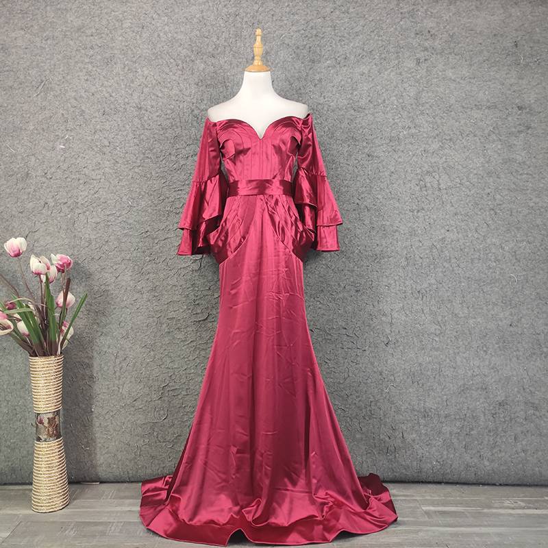 Light wine red evening dress female horn sleeve is thin and long