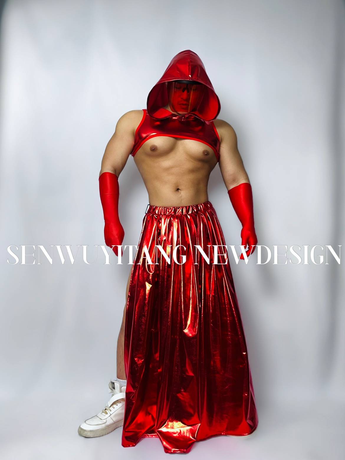 New Bar GOGO Clothing Men's DS Performance Server DJ Singer Sexy Mid -Autumn Festival Red Skirt Set
