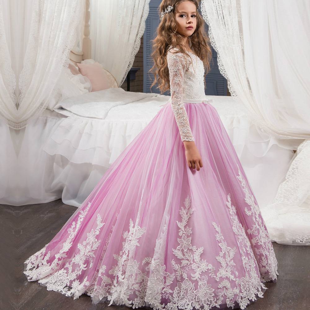 New children's clothing European and American lace long -sleeved small trailer flower wedding children's wedding children's dress girl puffy skirt performance