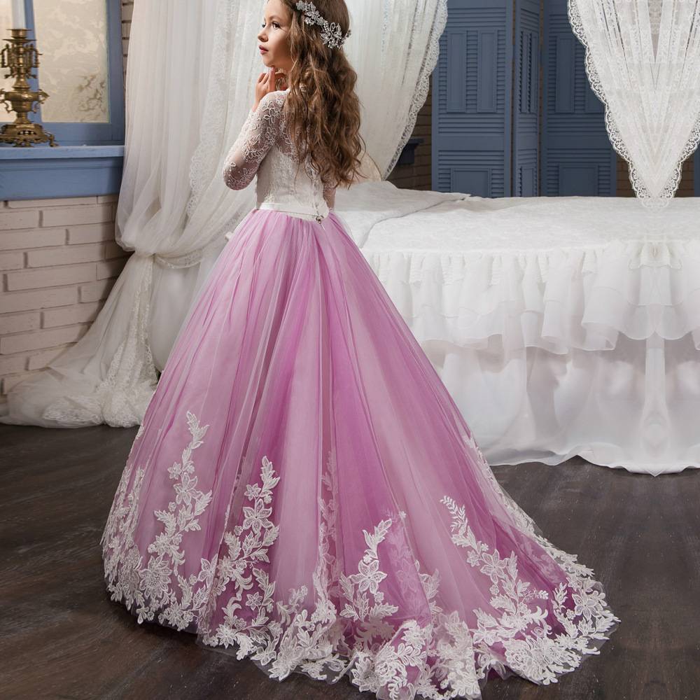 New children's clothing European and American lace long -sleeved small trailer flower wedding children's wedding children's dress girl puffy skirt performance