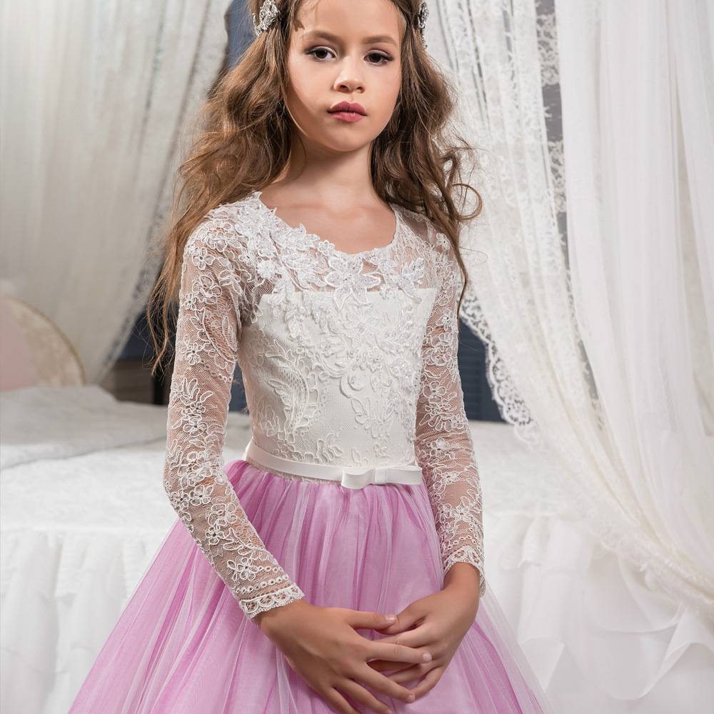 New children's clothing European and American lace long -sleeved small trailer flower wedding children's wedding children's dress girl puffy skirt performance