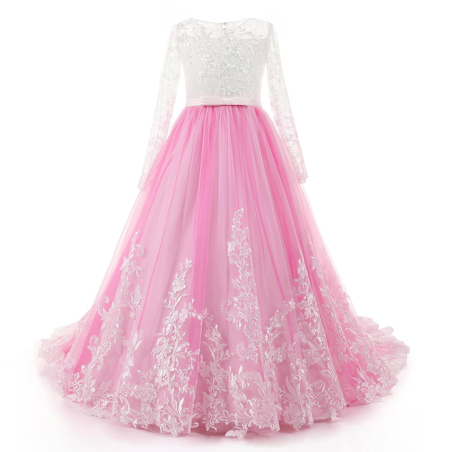 New children's clothing European and American lace long -sleeved small trailer flower wedding children's wedding children's dress girl puffy skirt performance